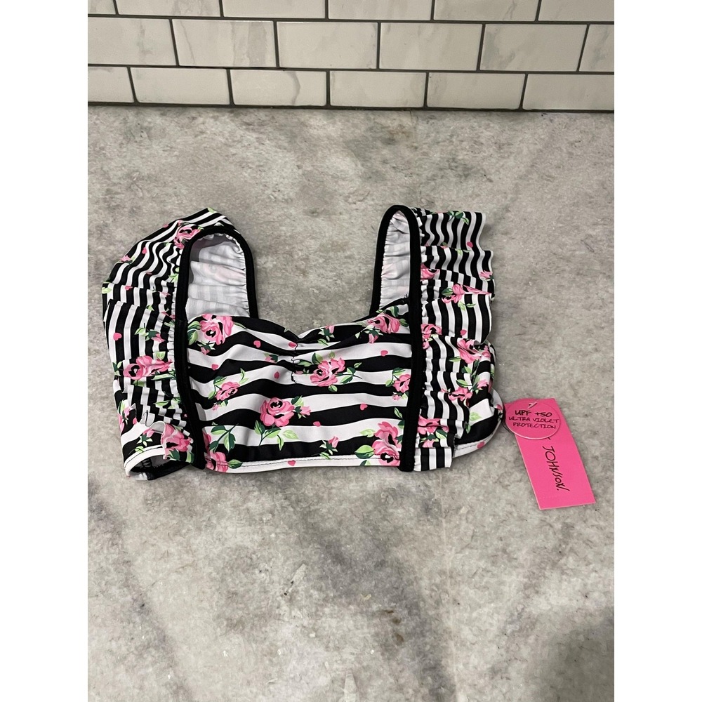 Betsey Johnson Swim Top Girls 10 Black White Stripe Floral Ruffle UPF 50 Tank